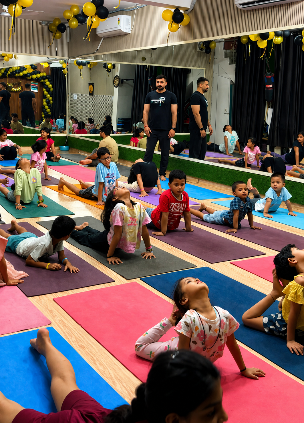 Children practising cobra pose together in a group yoga class